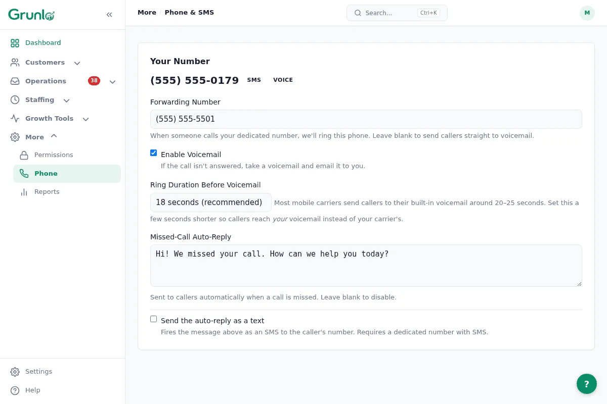 A business phone number setup screen with area code picker and call-forwarding configuration.