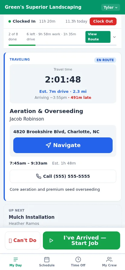 The field tech mobile experience showing today's job list, photos, and time-clock controls running in a mobile browser.
