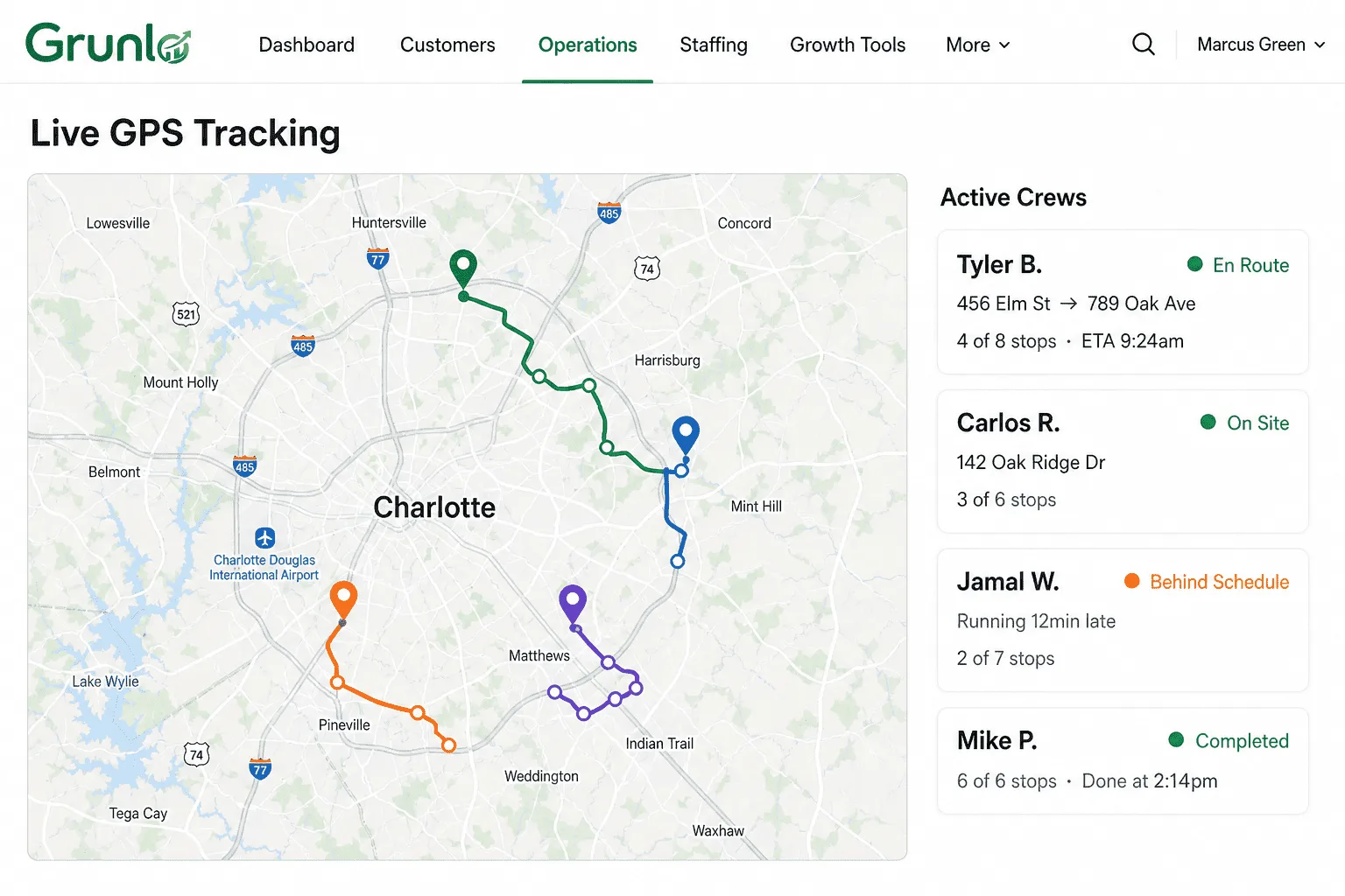 Live GPS map showing every active crew location in real time