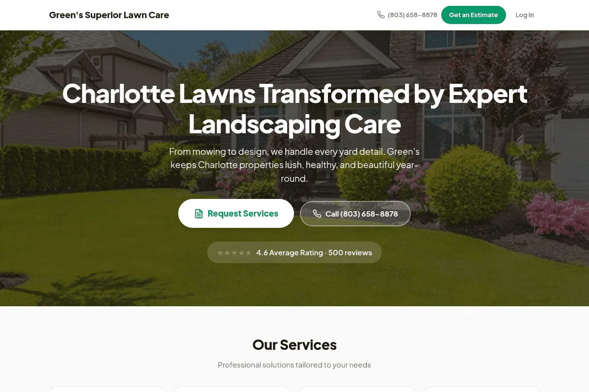 Branded public landing page with services, reviews, and a quote-request form