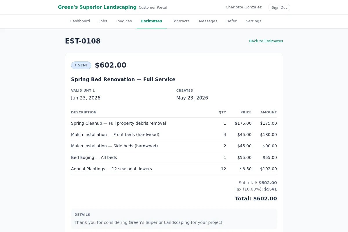 Professional estimate with line items and one-tap customer approval