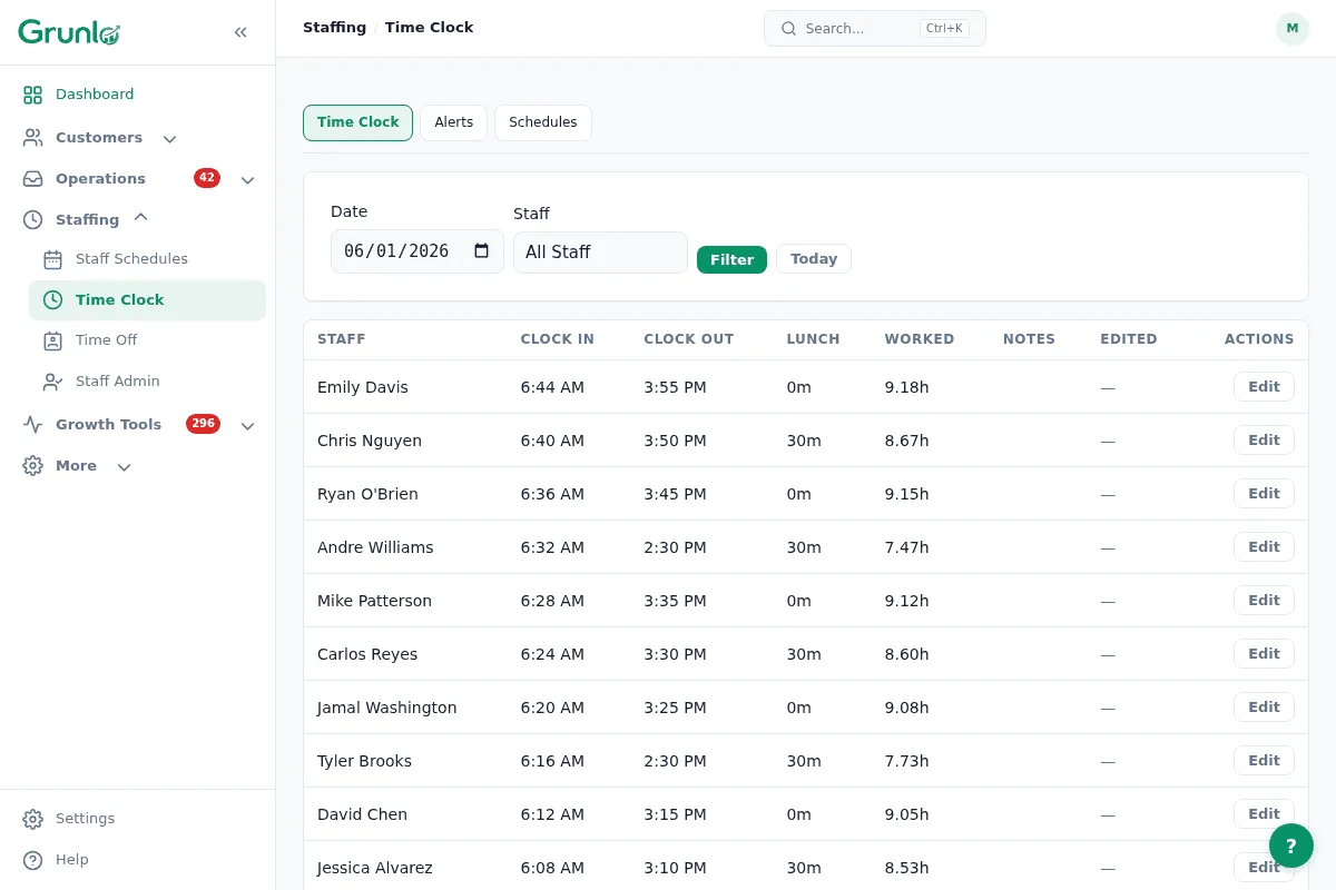 Time clock with real-time status and hours tracking