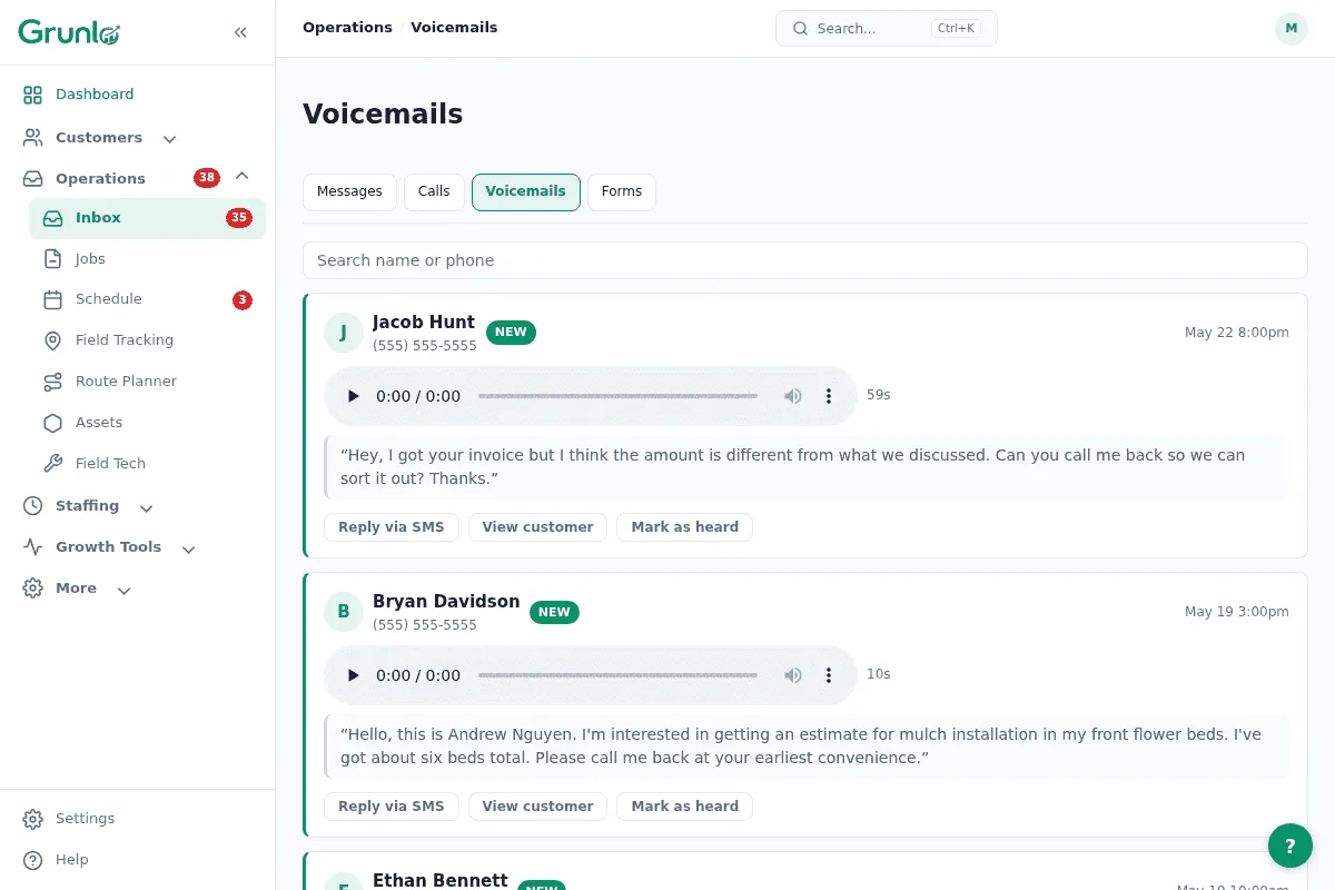 Voicemails transcribed to readable text in the inbox